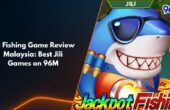 JILI Fishing game review image featuring cartoon shark with sunglasses and gold coins