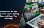 Malaysia sports betting odds guide showing person comparing live betting markets on laptop with 96M branding
