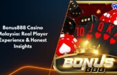 Bonus888 online casino Malaysia review banner featuring poker cards, dice, and chips under 96M branding