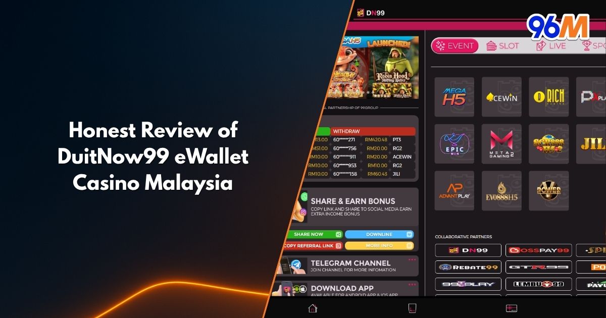 DuitNow99 eWallet casino Malaysia review banner showcasing slot and live game providers under 96M branding