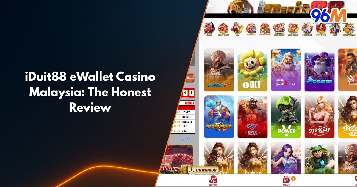 iDuit88 eWallet casino Malaysia honest review banner showing popular slot game providers and 96M branding