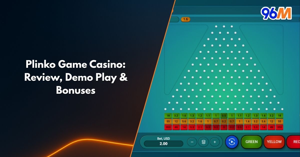 Plinko casino game interface showing betting layout, colored multipliers, and falling ball path for demo play and review on 96M