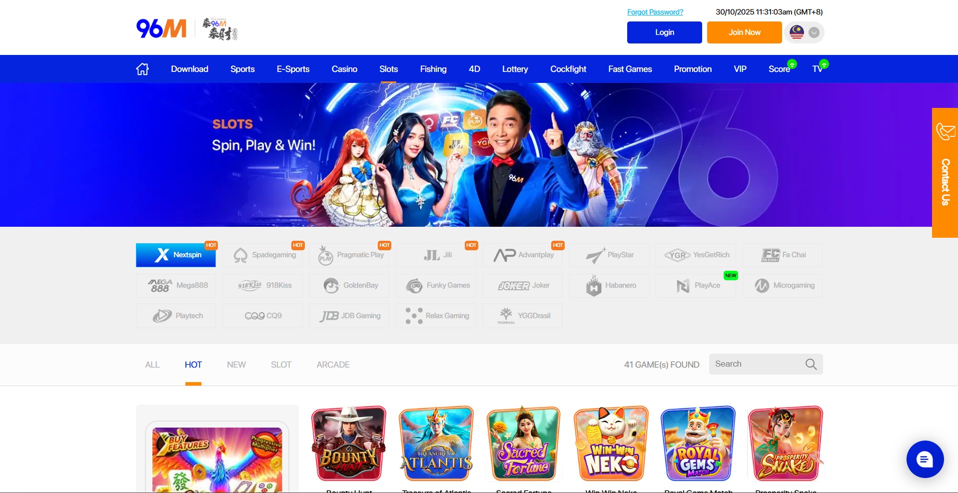 96M online slot page featuring popular game providers like Nextspin, Pragmatic Play, and Mega888 with Spin, Play & Win promotion banner