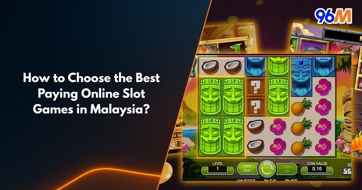 Colorful online slot game interface showing tropical symbols like tiki masks, coconuts, and pineapples, representing best paying slot games in Malaysia on 96M