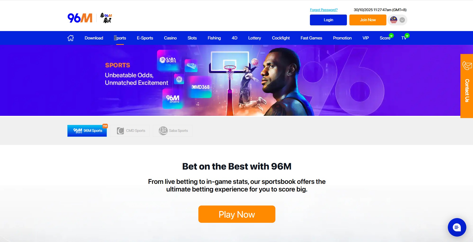 96M Sports homepage showcasing unbeatable betting odds, live sports options, and in-game stats for Malaysian players