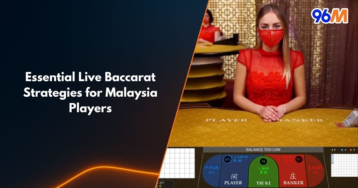 Live baccarat dealer hosting an online casino table for Malaysia players with player, banker, and tie betting options displayed on 96M platform