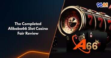 Alibaba66 slot casino review banner with roulette wheel and black playing cards under 96M branding