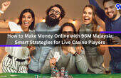 Group of happy friends playing live casino poker with cards and chips, featuring 96M Malaysia strategies for making money online